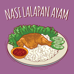 Nasi lalapan ayam illustration Indonesian food with cartoon style
