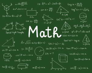 Maths doodle. Hand drawn mathematics formulas on chalkboard for background, banner, book cover and etc. Education industry. Mathematical theory of school education