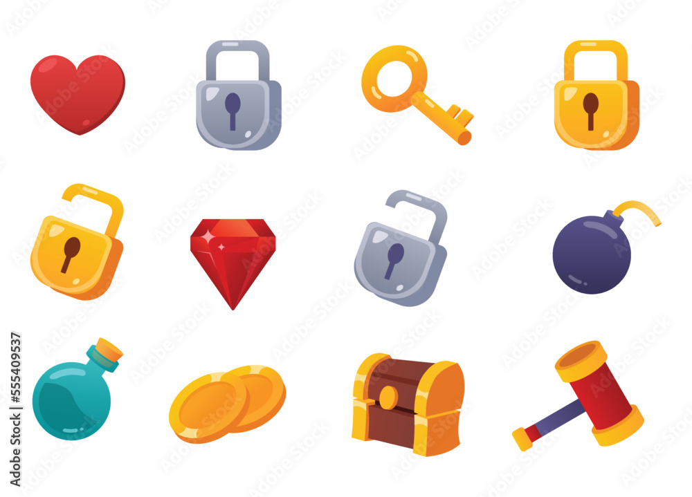 Wall mural game ui icons. mobile application or game interface elements. cartoon colorful design. stickers or l