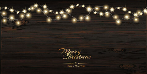 Vector Christmas decoration. Transparent light garlands and wood background. Christmas decoration concept	