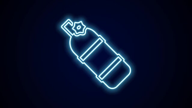 Glowing neon line Aqualung icon isolated on black background. Oxygen tank for diver. Diving equipment. Extreme sport. Diving underwater equipment. 4K Video motion graphic animation
