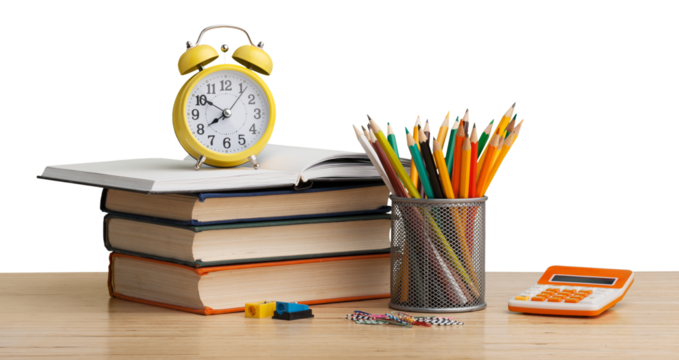 Stacked books with colorful pencils on the desk - Powered by Adobe