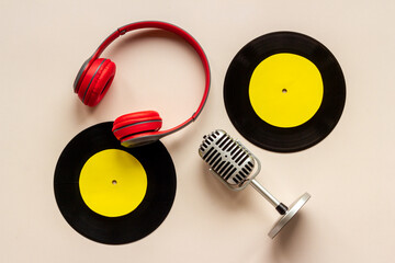 Record the music concept with vinyl records and microphone, top view