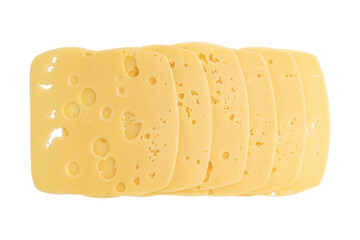 cheese slices isolated on white background, pieces of sliced gouda cheese laid out to create layout