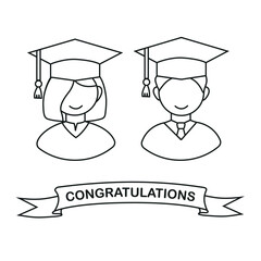 Set of student avatar icons. Smiling graduates guy and girl in graduation hats and gown. Graduation greeting card. Vector line icon. 