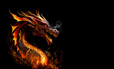 Fire dragon head on a black background. Generative AI Illistration of ancient red dragon on black background. Dragons background. Place for text.