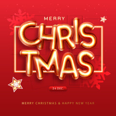 Merry Christmas holiday poster with 3D chromic letters, snowflakes and stars. Holiday greeting card. Vector illustration
