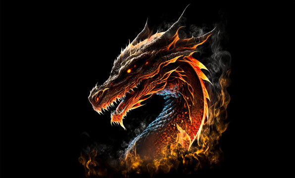 Fire dragon head on a black background. Generative AI Illistration of ancient red dragon on black background. Dragons background. Place for text.
