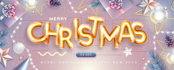 Merry Christmas top view poster with 3D chromic letters and Christmas decoration. Holiday greeting card. Vector illustration
