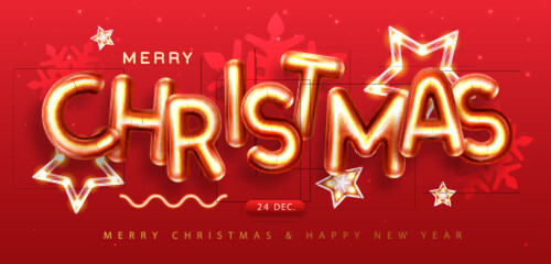 Merry Christmas holiday poster with 3D chromic letters, snowflakes and stars. Holiday greeting card. Vector illustration