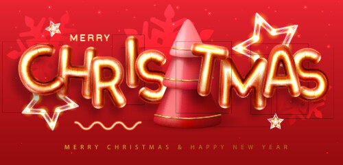 Merry Christmas holiday poster with 3D chromic letters and Christmas tree. Holiday greeting card. Vector illustration