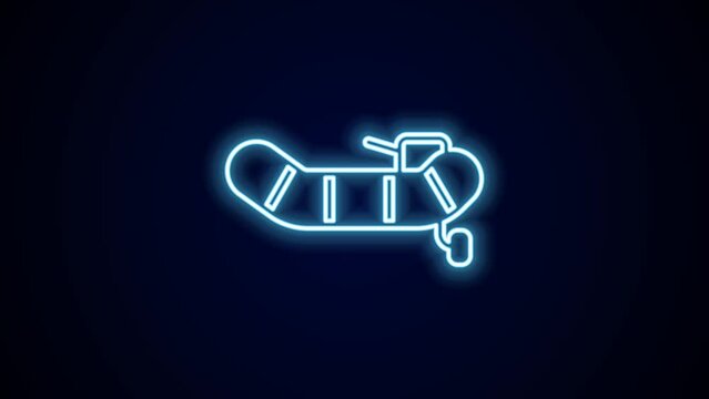 Glowing neon line Inflatable boat with outboard motor icon isolated on black background. 4K Video motion graphic animation