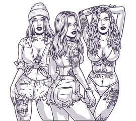 Cool tattoo girls label monochrome