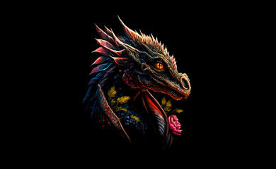 Pink dragon head on a black background. Generative AI Illistration of ancient flower pink dragon on black background. Dragons background. Place for text.