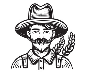 Cheerful farmer in a hat with a mustache on wheat background sketch hand drawn logo Vector illustration