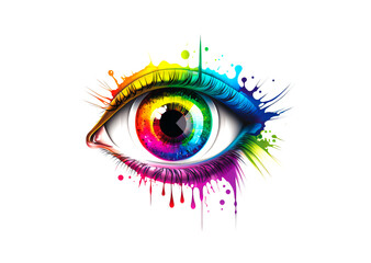 Colorful female eye with leaked mascara on white background. Rainbow color female eye on white background. Generative AI beautiful female eye illustraion. Vision or eyes make up design element.