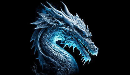 Ice dragon head on a black background. Generative AI Illistration of ancient frost blue dragon on black background. Dragons background. Place for text.