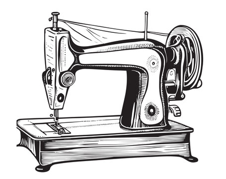 Old vintage sewing machine hand drawn sketch Vector illustration.