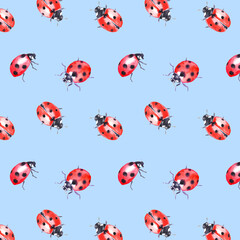 Ladybug pattern , fabric pattern , insect, red bugs, beetle, watercolor illustration	 