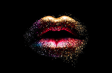 Colorful female lips with paint leaks and drops on white background. Red and gold perfect female lips. Generative AI rainbow female lips illustration. Free love or lips cosmetics design concept. - obrazy, fototapety, plakaty