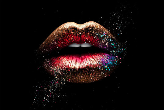 Colorful female lips with paint leaks and drops on white background. Red perfect female lips. Generative AI rainbow female lips illustration. Free love or lips cosmetics design concept.