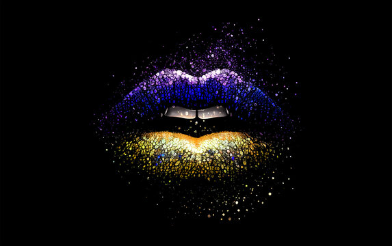 Colorful female lips with paint partocles and drops on white background. Blue and yellowpaint female lips. Generative AI rainbow female lips illustration. Free love or lips cosmetics design concept.