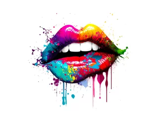 Poster Colorful female lips with paint leaks and drops on white background. Rainbow paint female lips. Generative AI rainbow female lips illustration. Free love or lips cosmetics design concept. © Sergie