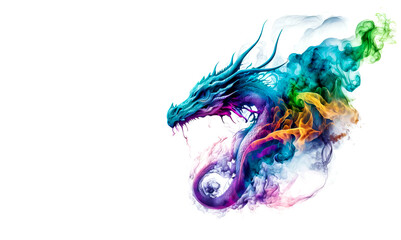 Rainbow dragon head in a smoke on a white background. Generative AI Illistration of ancient dragon on white background. Dragons background. Place for text.