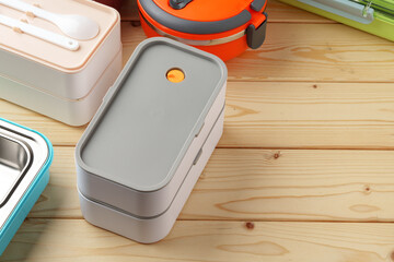 Many plastic food containers in a shop for background