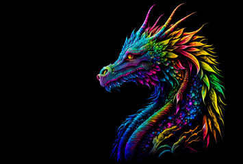 Fototapeta premium Rainbow dragon head on a black background. Generative AI Illistration of ancient dragon on black background. Dragons background. Place for text.