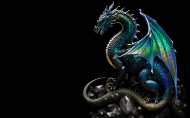 Crystal dragon sitting on a rock on a black background. Generative AI Illistration of ancient crystal rainbow dragon on black background. Dragons background. Place for text. © Sergie