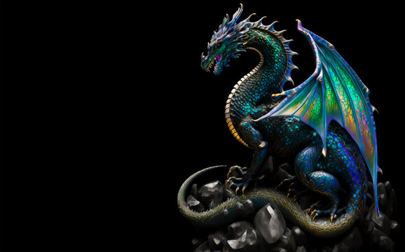 Crystal dragon sitting on a rock on a black background. Generative AI Illistration of ancient crystal rainbow dragon on black background. Dragons background. Place for text.