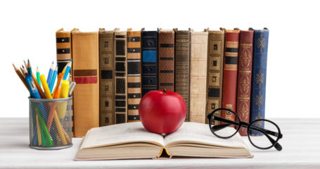 A stack of study books, eyeglasses, stationery on a table