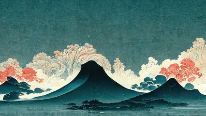 Irido-clouds behind the mountain, modern, retro, traditional and classic Japanese Ukiyo-e style design elements in the style of Katsushika Hokusai with Japanese paper texture generated by Ai