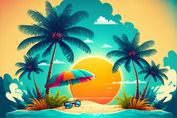 Vacation on a tropical island. Tropical heaven view. Travel postcard or banner background with place for text. Ocean shore with white sand and blue water. Generative AI summer vacation illustration.