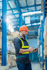 Warehouse workers in helmets checking goods and supplies on shelves with goods background in warehouse worker packing in a large warehouse in a large warehouse. Logistics industry concept.