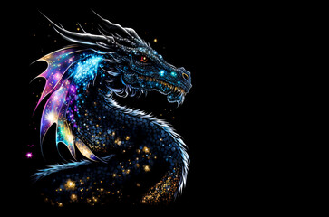 Magic dragon head on a black background. Generative AI Illistration of ancient rainbow dragon on black background. Dragons background. Place for text.