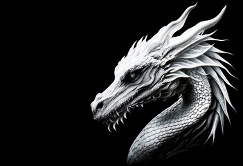 White dragon head on a black background. Generative AI Illistration of ancient white dragon on black background. Dragons background. Place for text. © Sergie