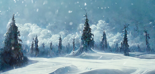 Avalanche from mountains in a winter forest. Snowfall with avalanche in the mountain wood. Snow disaster. Generative AI snow avalache illustration. Winter forest background.