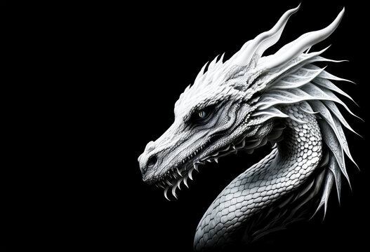 White dragon head on a black background. Generative AI Illistration of ancient white dragon on black background. Dragons background. Place for text.