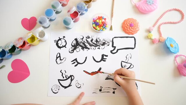 Child coloring funny sketch picture, relaxing and happy. Artist paints, creativity vacation	