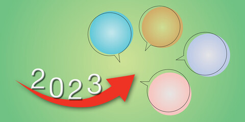 Arrow with colorful speech bubbles. Happy new year 2023. Concept of business strategy, start, planning, career path and opportunity. copy space for the text. illustration paper cut design style.