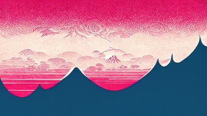 Modern, retro, traditional and classic Japanese Ukiyo-e style design elements in the style of Katsushika Hokusai with pink and blue mountain background Japanese paper texture generated by Ai