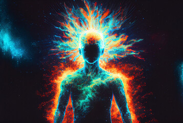 A silhouette of a man with energy flows emanating from the body in different directions, symbolizing the aura, connection with superconsciousness.
