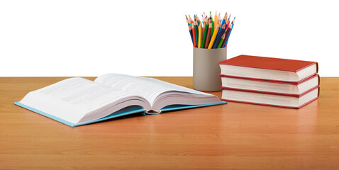 Stack school books with colorful pencils on a desk - obrazy, fototapety, plakaty