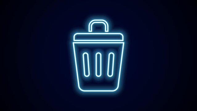 Glowing neon line Trash can icon isolated on black background. Garbage bin sign. Recycle basket icon. Office trash icon. 4K Video motion graphic animation