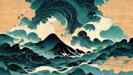 Modern, retro, traditional and classic Japanese Ukiyo-e style design elements in the style of Katsushika Hokusai with inverted waves and blue mountains, Japanese paper texture generated by Ai