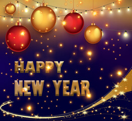 Happy new holiday background new  year decoration golden lights red shiny ball abstract celebration event in winter season symbol design illustration isolated greeting card in glowing glossy .