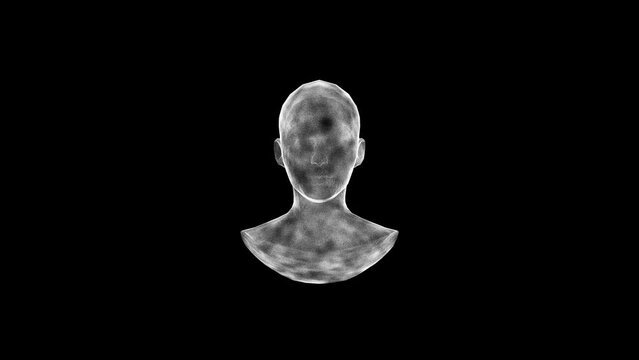 3D bust of a man, head and shoulders of a man from a million small flickering particles on any background with Alpha Channel. Science concept. 3d animation