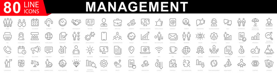 Management line icon set. Business people, human resources. Business and management collection. Outline icons collection. Vector illustration